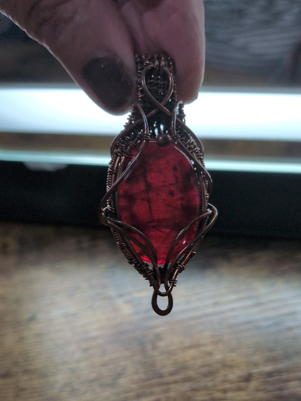 Beautiful Red Labradorite Wire-Wrapped Pendant Necklace